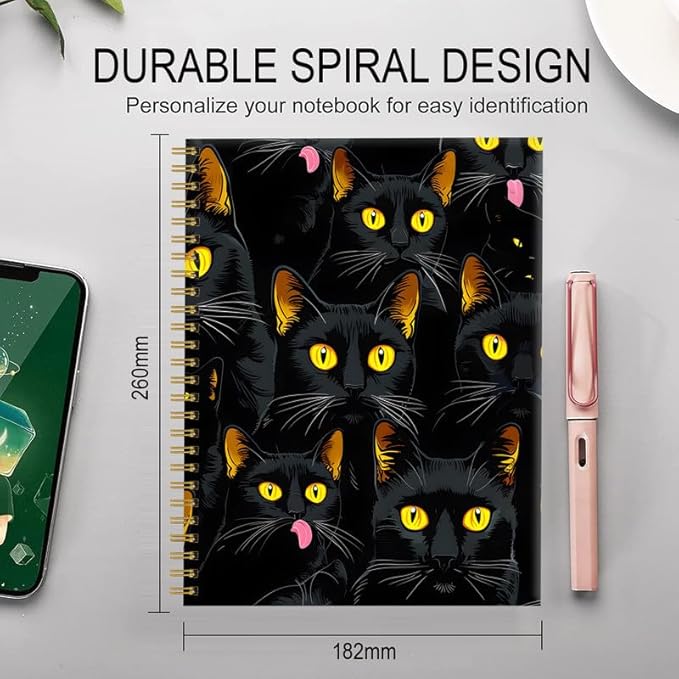 Spiral Journal Notebook for Women,A5 College Ruled Notebooks 6"x 8.4", 120 Pages (60 Sheets) Lined Journal with Premium Thick Paper,Perfect for School Office Home(Black Cats)