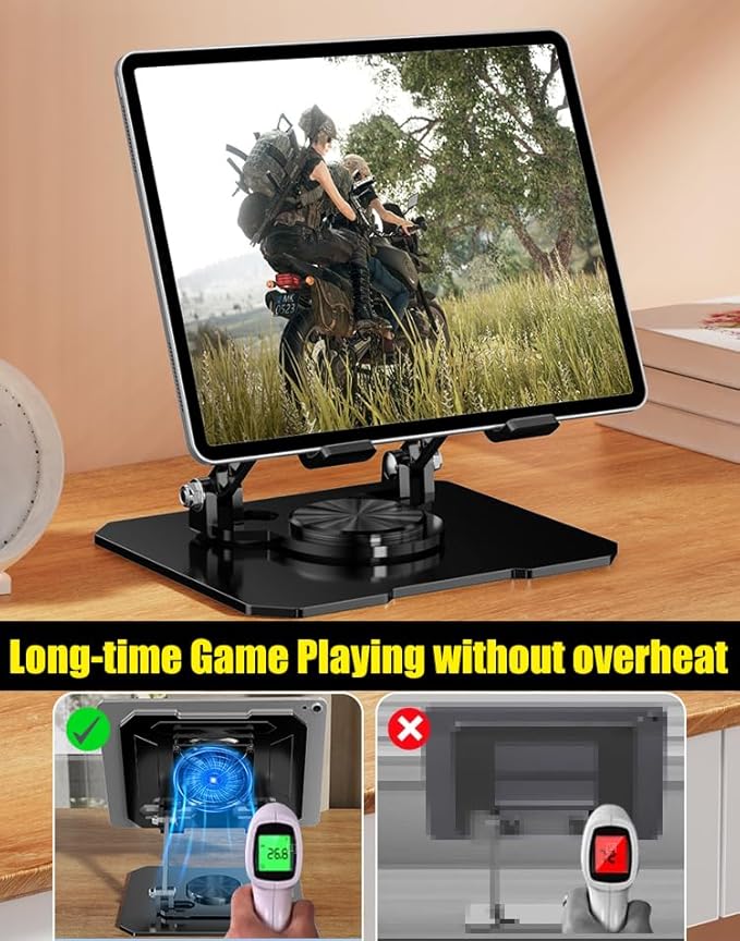 360° Rotating Tablet Desk Stand Holder with USB Cooler，Carbon Steel Frame Dual Rod Mount Support for iPad Pro 13 12 11 Air Mini 5 4 3 Samsung Tab E-Reader (Silver with Built-in Cooler)