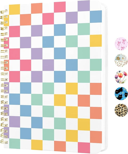 Cute Spiral Notebook A5 Journal for Women Girls Kawaii Aesthetic Pretty Floral Design with Pocket, 8.5 x 5.7 inch, Graph, Color Plaid