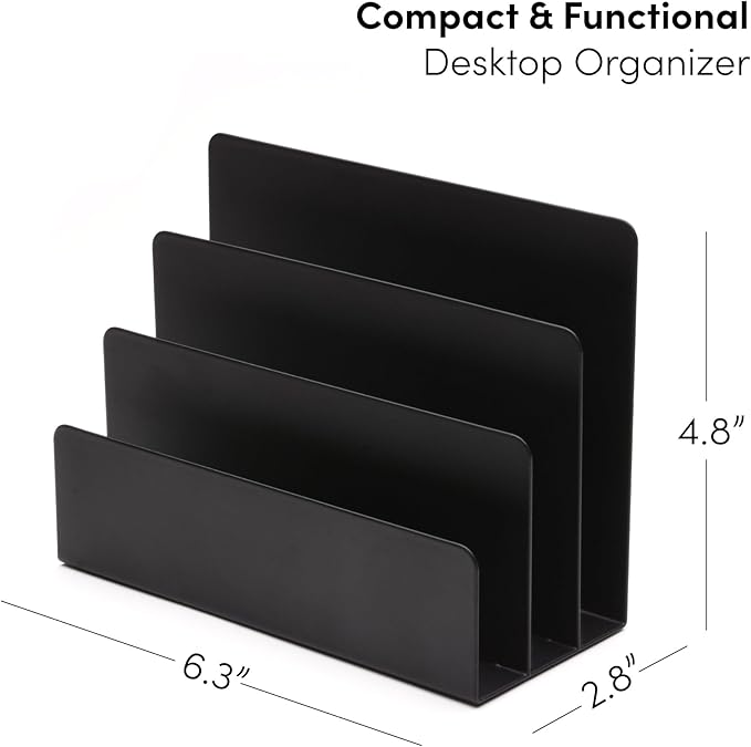 Desktop Mail Organizer – 3-Slot Black Metal Letter Holder and Bill Sorter for Office and Home