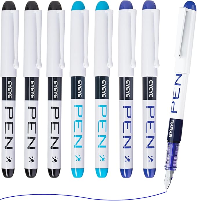 EYEYE Disposable Fountain Pens, 8 Pack 3 Colors Fine Point Pens Stainless Steel Nib, Fountain Pens Smooth Writing for Journaling, Drafting, Sketching, Doodling & Office Supplies