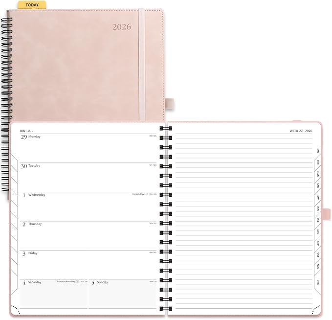 POPRUN 2026 Planner Weekly Notebook Calendar (Jan-Dec), Large Size 8.5'' x 10.5'' - Agenda 2026 Appointment Book with Monthly Tabs, Inner Pocket, Spiral Soft Cover, 100 GSM TJ - Soft Pink