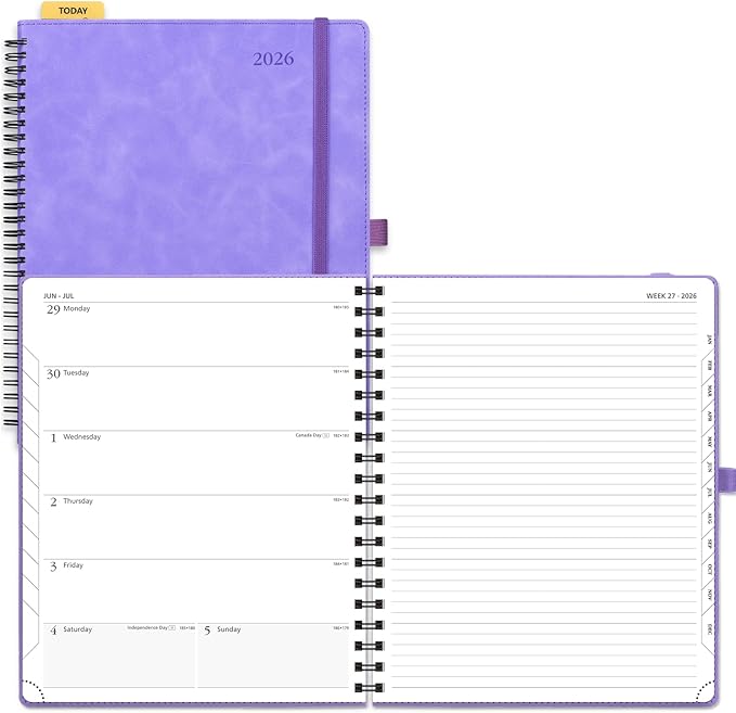 POPRUN 2026 Planner Weekly Notebook Calendar (Jan-Dec), Large Size 8.5'' x 10.5'' - Agenda 2026 Appointment Book with Monthly Tabs, Inner Pocket, Spiral Soft Cover, 100 GSM TJ - Lilac