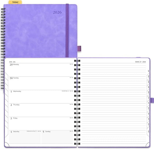 POPRUN 2026 Planner Weekly Notebook Calendar (Jan-Dec), Large Size 8.5'' x 10.5'' - Agenda 2026 Appointment Book with Monthly Tabs, Inner Pocket, Spiral Soft Cover, 100 GSM TJ - Lilac