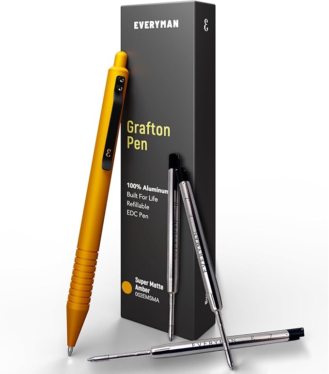 Everyman Amber Super Matte Grafton Pen & Refill Set | Refillable Metal 0.7mm Gel Pen with 3 Smooth Black Ink Refills | Premium EDC Writing Tool for Office, Work, Travel & Gifting