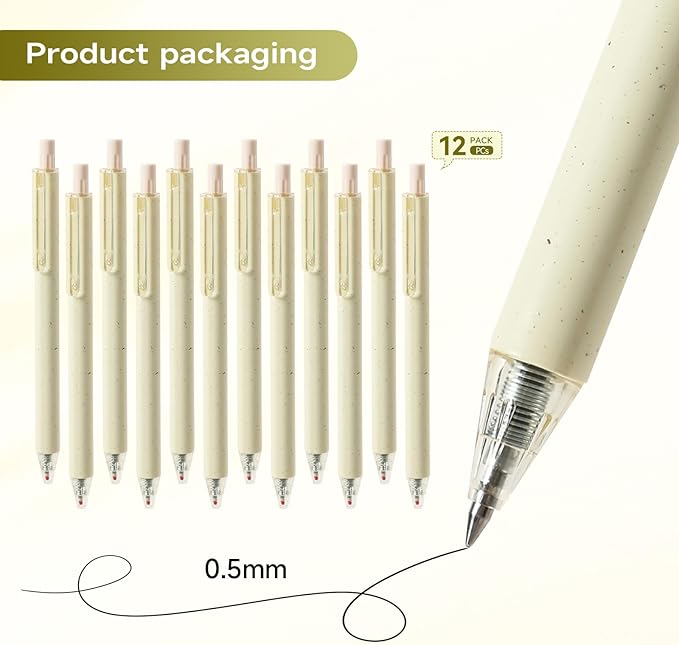 Gel Pens for Note Taking 12PCS RIANCY Black Ink Fine Point Pen Black Gel Pens Quick Dry Ink 0.5mm Smooth Writing Pen for Home Office Art Back to School Supplies (Cream)