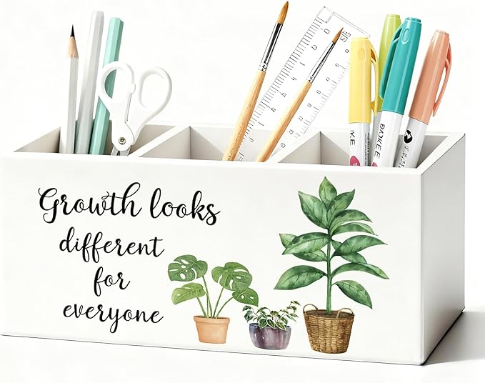 Mental Health Inspirational Pen Holder, Motivational Pencil Holder, Growth Looks Different for Everyone Wooden Box Sign Decorations for Therapy Counselor Office Classroom Desk Tabletop