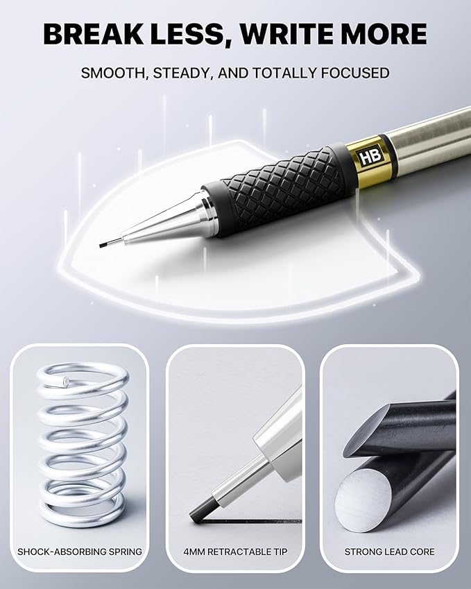 Metal Mechanical Pencil Set - 3PCS 0.9mm Art Mechanical Pencils & 360PCS HB Lead Refills & 3PCS Erasers & 9PCS Eraser Refills, Drawing Mechanical Pencils for Writing, Sketching/With Case