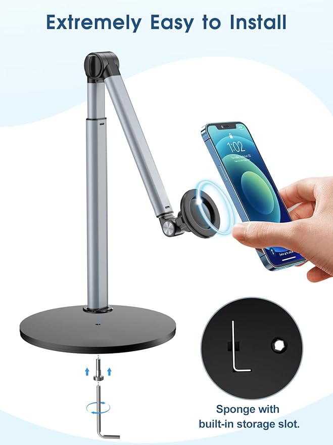 Heavy Duty Aluminum Overhead Phone Stand for Recording, Adjustable iPhone Tripod for Overhead Shots, Sturdy Stand for Cooking, Crafting, Filming, Painting – Perfect for Creators（Magnetic）