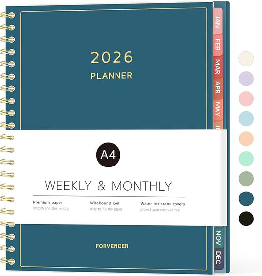 2026 Planner, Forvencer Calendar Planner Weekly and Monthly (Jan 2026-Dec 2026), 8.5" X 11", Agenda Book, Daily Journal Notebook with Tabs, Flexible Cover, Home School Organizer, A4, Dark Blue