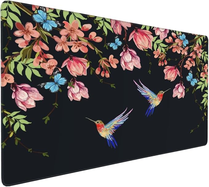 Extra Large Mouse Pads Hummingbirds and Flowers XXL Extended Mousepad with Stitched Edges Non-Slip Rubber Base Computer Keyboard Pad Desk Mat for Home Office Desk Decor, 35.4" X 15.7"