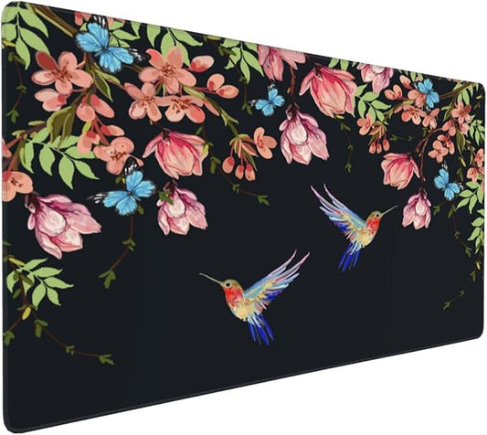 Extra Large Mouse Pads Hummingbirds and Flowers XXL Extended Mousepad with Stitched Edges Non-Slip Rubber Base Computer Keyboard Pad Desk Mat for Home Office Desk Decor, 35.4" X 15.7"