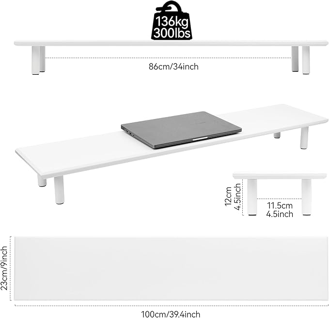 Bamboo Dual Monitor Stand Riser with Underneath Storage, Ergonomic Desk Shelf Supports PC Computer Monitor, Printer, TV for Home, Office, White