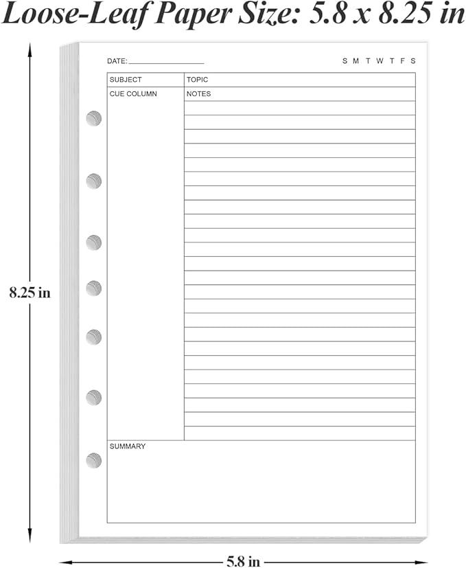 Cornell Notes Filler Paper for 3/7 Mini Binders - 50 Sheets/100 Pages Note Taking Loose Leaf Paper, 100 gsm, 5.8" x 8.3"