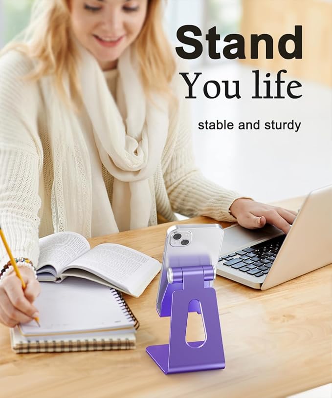 Cell Phone Stand for Desk- Adjustable Phone Stand Holder, Cradle, Dock, Desktop Stand for iPhone 17 16, 15, 14, Plus, Pro, Pro Max, 13 12 X XS,4-8" Phones, Office Accessories (Purple)