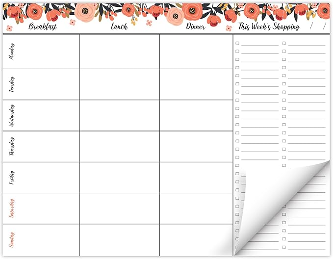 Global Printed Products 8.5" x 11" Horizontal Meal Planning Pad, 60-Sheets, Peach & Pink Floral