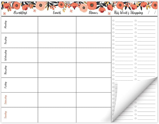 Global Printed Products 8.5" x 11" Horizontal Meal Planning Pad, 60-Sheets, Peach & Pink Floral