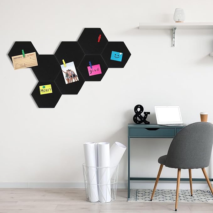 8 Pcs 12" Large Hexagon Felt Cork Board Tiles Self Adhesive DIY Bulletin Board Pin for Office Home Wall Decor Stickers Memos Photos Display with 10 Multi-Color Clip Drawing Pins(Colorful)