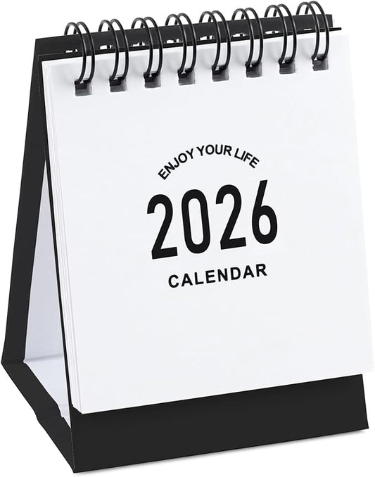 Mini Desk Calendar 2026-2027- Small Desktop Calendar January 2026 to June 2027 Mini Daily Schedule Thick Paper Twin-Wire Binding with Stickers for Home Office School (Black-white)