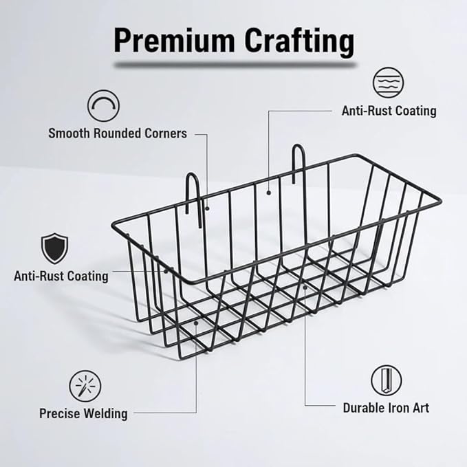 10 PCS Grid Wall Baskets and Bins, No Drilling Small Hook Basket Set for Wall Grid Panel, Wire Storage Basket for Kitchen Bathroom Home Decor Supplies, Black