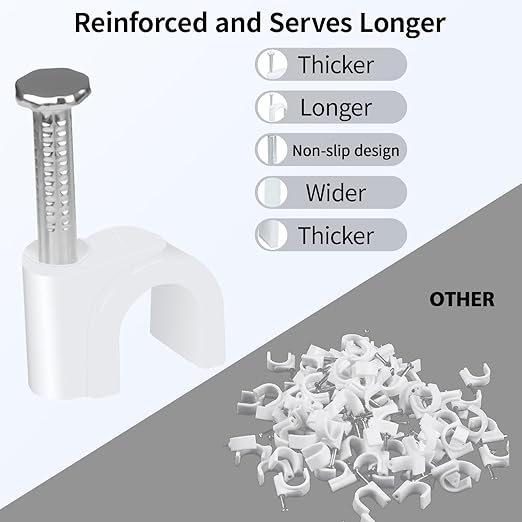 LeMotech Cable Clips, 200pcs 7mm Wire Wall Clips with Steel Nails, Coax Cable Clips Speaker Wire Clips for Cord Management RG58 RG59 CAT5 CAT6 Ethernet Cable Clamps, White