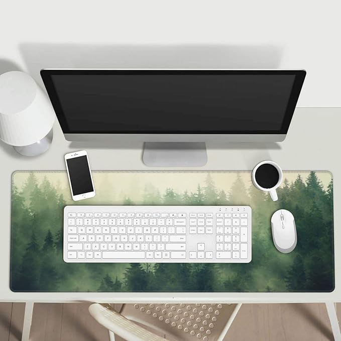 Green Forest Pine Fog Mountain Tree XXL XL Large Gaming Mouse Pad for Desk, Non-Slip Long Extended Keyboard Pads Mousepad Rubber Table Mat 31.5 X 11.8 Inch