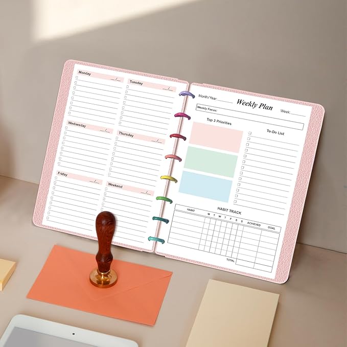 (2-Pack) Weekly Planner Undated Refills - Junior Size 106 Sheets/212 Pages Colorful Weekly Planner for 8-Disc Discbound, 100 gsm White Paper, Lasts 2 Year, Undated, 5.8" x 8.3"