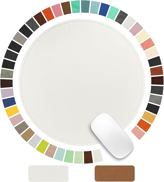 Mouse Pad，Round Mouse Pad，PU Mouse Pad，Leather Mouse Pad with Stitched Edge Micro-Fiber Base with Non-Slip Waterproof，Mouse Pad for Computers，Laptop，9 x 9 Inch (Lily White)