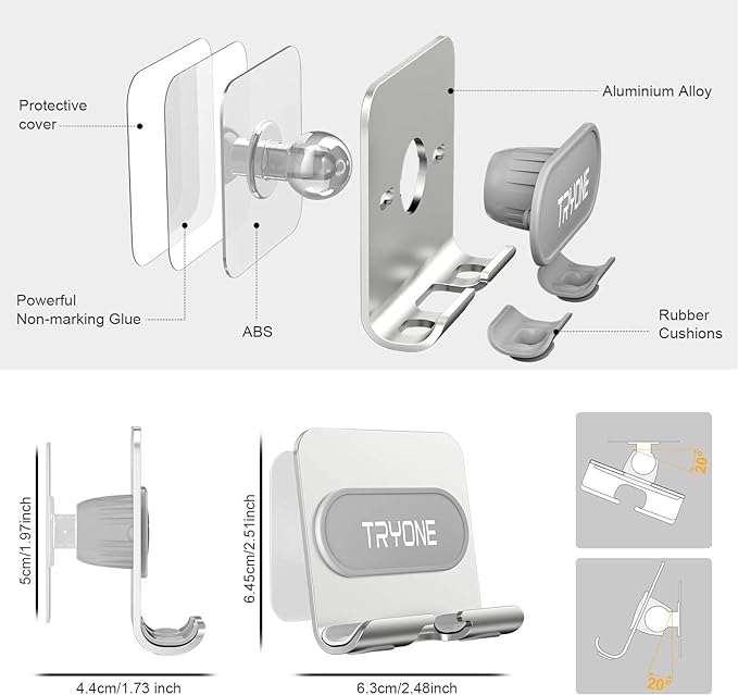 Tryone Wall Mount Cell Phone Holder - Mirror Adjustable Cellphone Stand with 2Pcs Adhesive Sticky Pads for Bathroom Bedroom Kitchen or Dorm, Compatible with iPhone Series or Other Smartphones