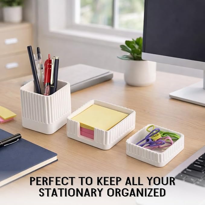 Aesthetic Concrete Desk Organizer Set of 3 - Stylish & Durable Office Accessories - Includes Pen Holder, Paperclip Storage, and Sticky Note Holder for a Clean, Modern Workspace (White)