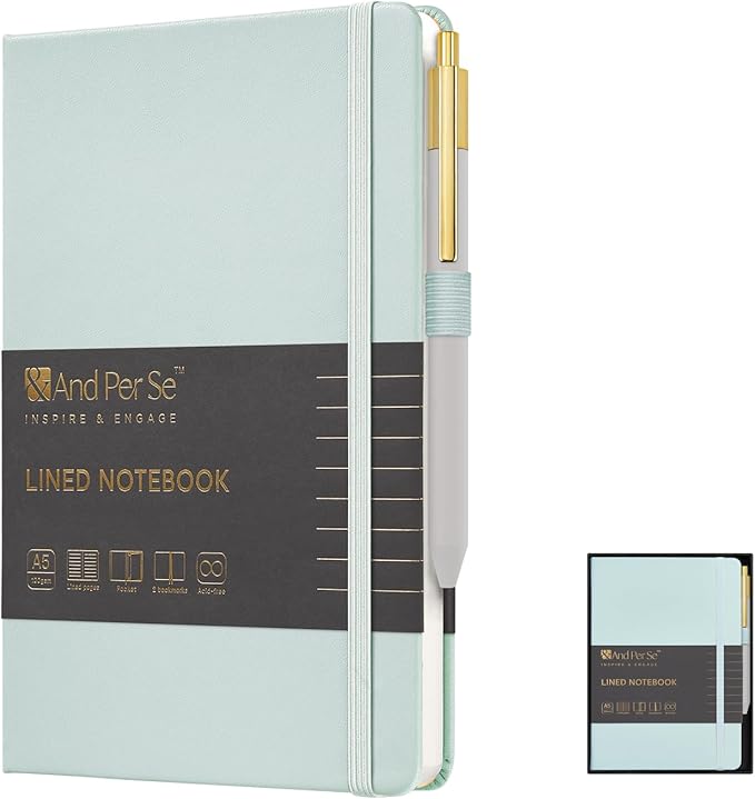 &And Per Se Lined Journal and Pen Set, A5 Leather Hardcover Notebook with Pen & Stationary Set, 160 Pages 100GSM Thick Ruled Paper Journal for Business Work Writing (Cyan, Gift Set)