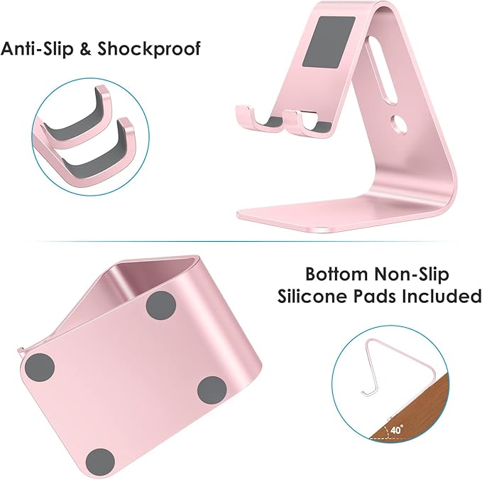 OMOTON Upgraded Aluminum Cell Phone Stand for Desk, C1 Durable Cellphone Dock with Protective Pads, Smart Stand Designed for iPhone17, 16/15/14/13 Pro Max Air, iPad mini, Android Phones,Rose Gold