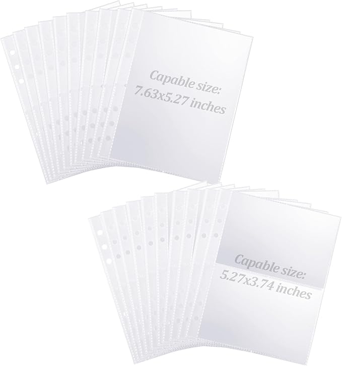 20 Sheets A5 Binder Pockets, Clear Plastic Photocard Sleeves A5 Planner Inserts for 6 Ring Binders, Double Sided Card Sleeves Binder Sheets Protectors Ideal for Photos Cards Stickers, Easy to Organize