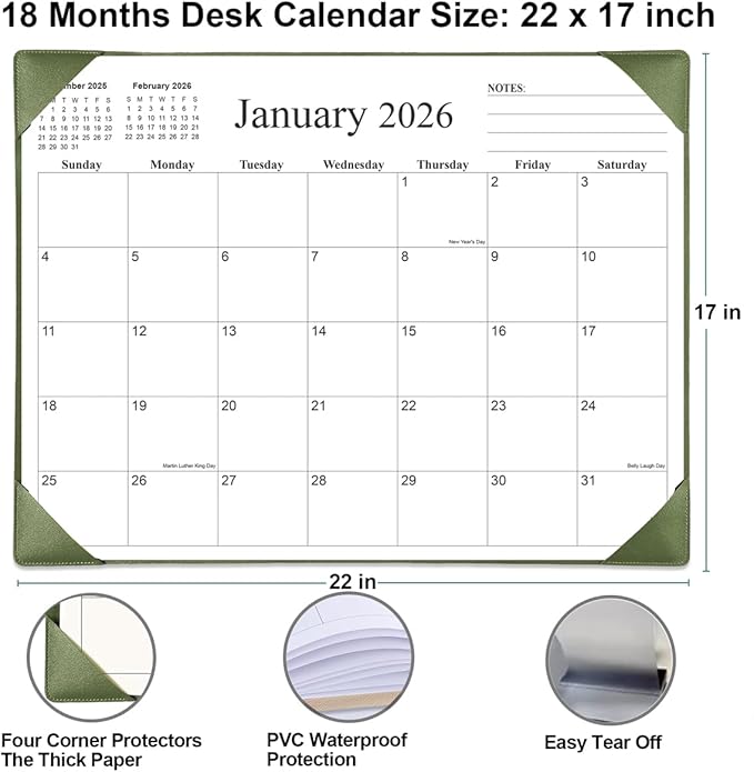 Simplified Desk Calendar 2026 with Desktop Mat, 18 Month Large Desk Pad Calendar from January 2026 to June 2027, 22" x 17" Desk Pad Calendar 2026-2027 for Home, School Office, Green