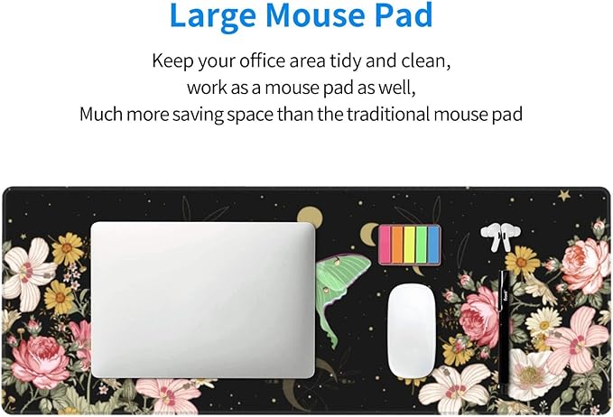 Moon Phase Moth Garden Black XXL XL Large Gaming Mouse Pad for Desk, Non-Slip Long Extended Keyboard Pads Mousepad Rubber Table Mat 31.5 X 11.8 Inch