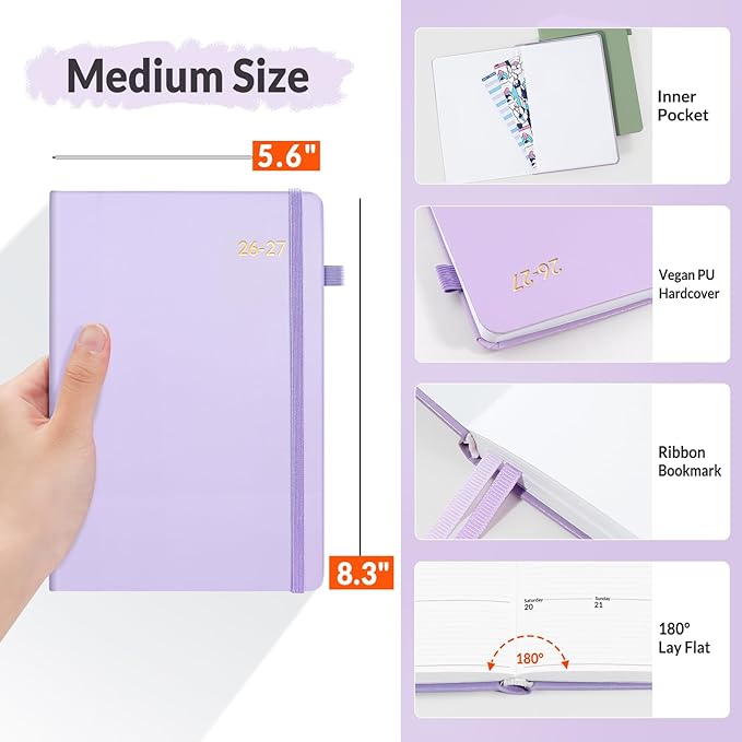 SUNEE 2026-2027 Weekly & Monthly Hardcover Planner 5.5" x 8.3" - 12 Month (July 2026 - June 2027), Small Academic Year Calendar Planner, Pocket, Notes, 100 GSM Paper, Purple