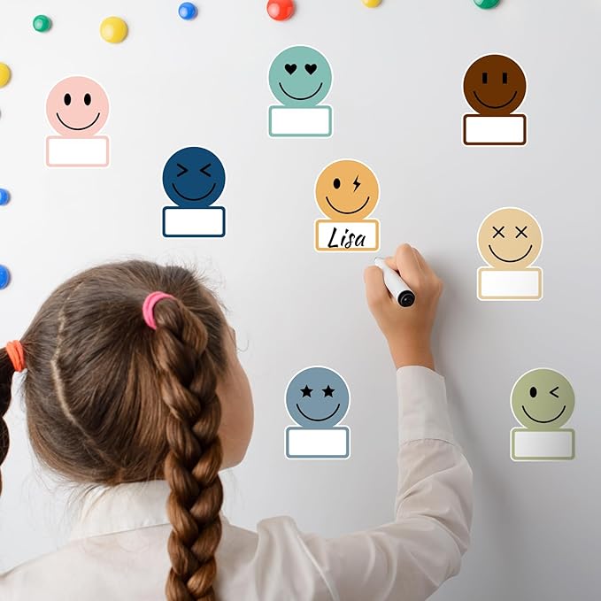 Whaline 135 Pcs Boho Smile Face Name Tags Dark Color 9 Design Nameplate Sticker Classroom Bulletin Board Label Decals for Back to School Desk Wall Message Board