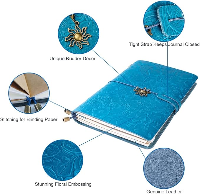 Refillable Leather Journal, Handmade Notebook with Bookmark for Men & Women, Vintage Notebook perfect for writing, gifts, travelers (Blue, A5)