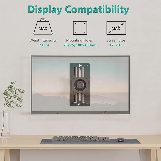 WALI Single Monitor Wall Mount, Height Adjustable for 17-32 inch Computer Monitor Bracket, up to 17.6 Lbs, Fits 1 Screen with Max Mounting Holes 100x100mm (1732LM), Black