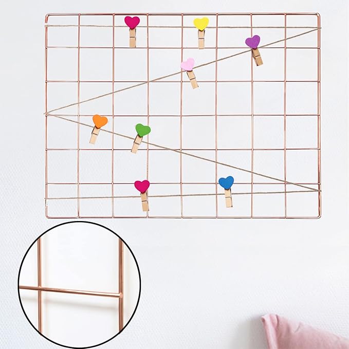 DIJIAHUA 2 Pack Wall Grid Panel Wire Photo Wall Pictures Display Board with Accessory Wall Storage Organizer Memo Board Over Desk Décor for Home, Office and Dorm (Rose Gold)