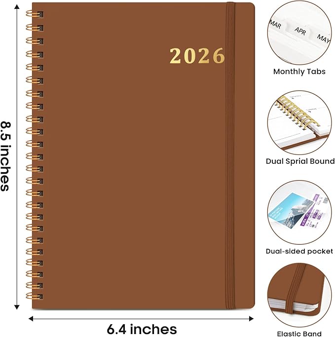 2026 Planner, Weekly and Monthly Calendar Planner Book, January 2026 - December 2026, Hardcover Spiral Planner with Monthly Tabs, Notes Pages, Perfect for Women & Men, A5 (6.4" x 8.5") - Brown