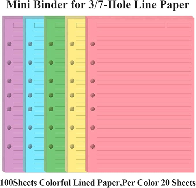 Mini Binder 5 Colorful Line Paper for 3 or 7 Ring Binders - 100 Sheets/200 Pages Loose Leaf Paper Line Refills, Per Color 20 Sheets, Desk Size 4, 5.8" x 8.5"