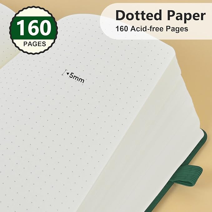 Dotted Journal Notebook for Men & Women, 160 Pages Dot Grid notebook for Note Taking, Bullet Journaling Notebook for Work, School, Travel, Writing, A5 Hardcover 5.9" x 8.5" (Green)