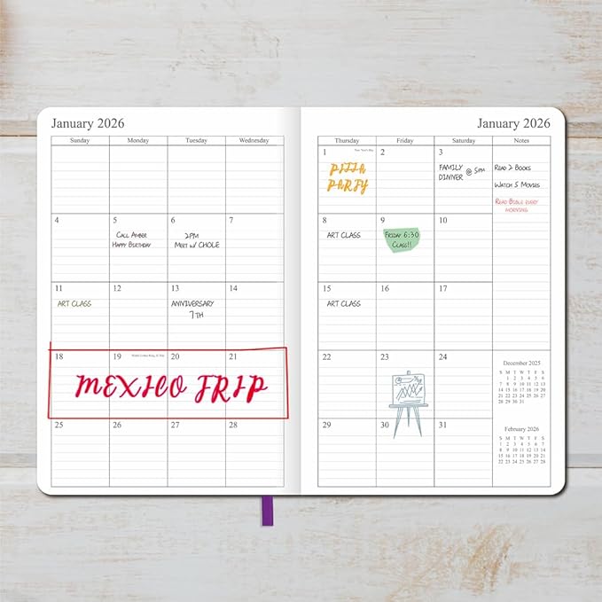 2026 Planner - Weekly and Monthly Planner, Jan 2026 - Dec 2026, Holidays, Contacts and Notes Pages, Vegan Leather Cover, Elastic Closure, 5.5”x8.25”, Purple