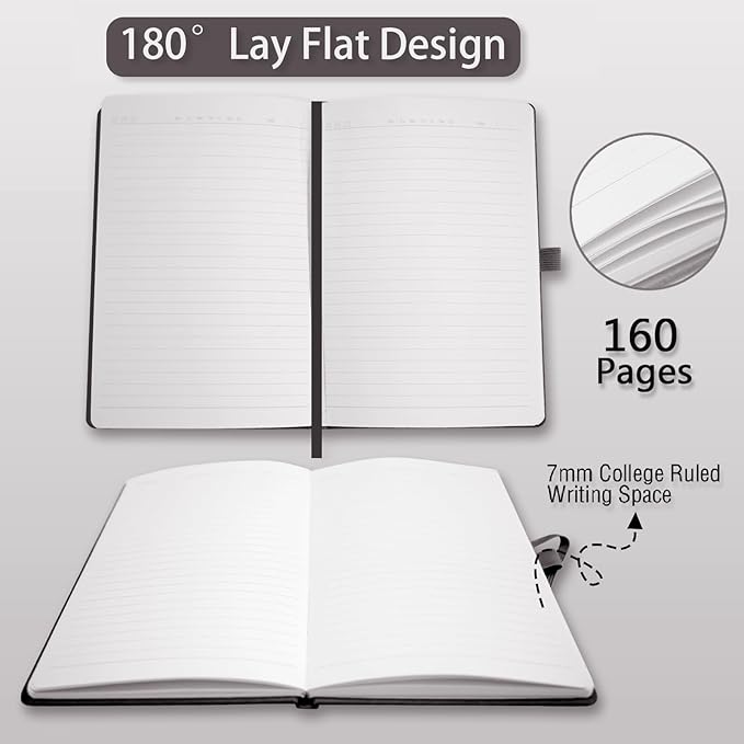 Hardcover Notebooks, 6 Packs A5 Lined Journals Notebook for Writing 160 Pages, 8.2 x 5.5 inch, Black Classic Ruled Notebooks for College/Work/Travel (Black-6 Pack)