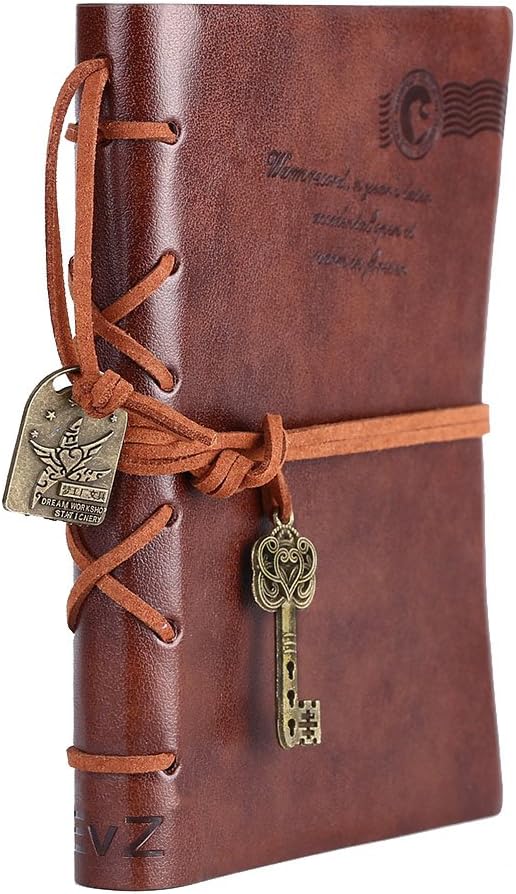 EvZ Leather Writing Journal Notebook, 7 Inches Key Bound Retro Vintage Notebook Diary Sketchbook Gifts with Unlined Travel Journals to Write in for Girls and Boys Notepad Guest Book, Dark Coffee