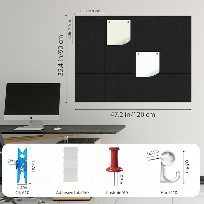 Large Cork Boards for Walls 48"x36", 12 Pack Felt Wall Tiles with 60 Pushpins，50 Safe Removable Adhesive Tabs, 10 Hooks and Clips, Black Bulletin Board, Felt Board Pin Board Tack Board for Office