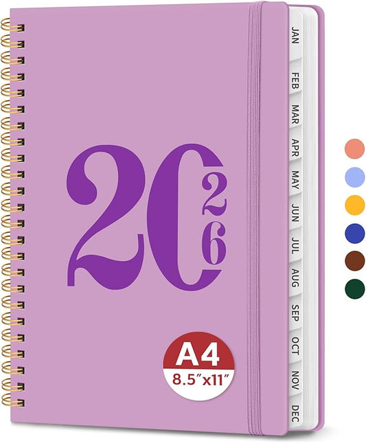 2026 Planner, Weekly and Monthly Calender Planner, Jan 2026 to Dec 2026, Hardcover 2026 Calendar Book with Tabs & Inner Pocket, Office Home School Supplies for Women & Men - A4 (8.5" x 11"), Boho Purple
