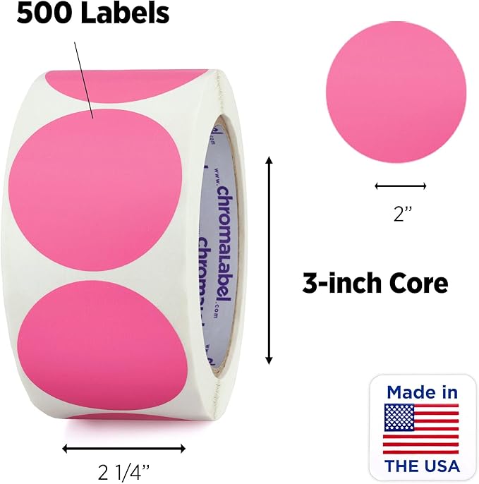 ChromaLabel 2 Inch Round Label Permanent Color Code Dot Stickers, 500 Labels per Roll, Rose