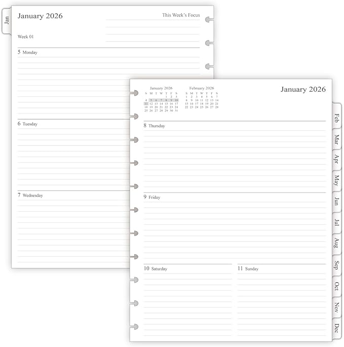 2026 Weekly Planner Refills for 11-Discbound Notebooks, Monthly Tabs, 11-Disc Punches, Letter Size, 8-1/2" x 11"